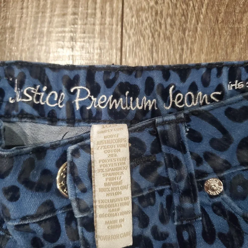 Girls Justice Jeans Size 10S Blue Leopard Print Straight Leg Jeans